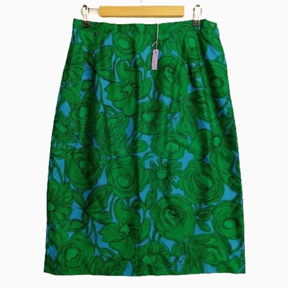 Vintage 1960's Pencil Skirt Size L XL Deadstock Green Floral Mod Sateen Pin Up - Picture 1 of 12